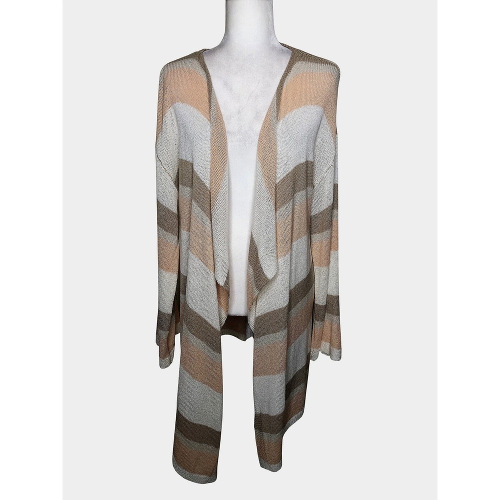 POL Striped Long Open Front Cardigan Sweater Women's Small Neutral Duster Spring